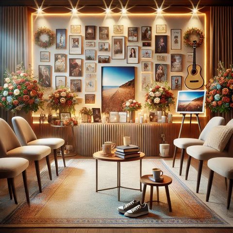 Rum med många familjefoton, blommor och musikinstrument, redo för en begravning.